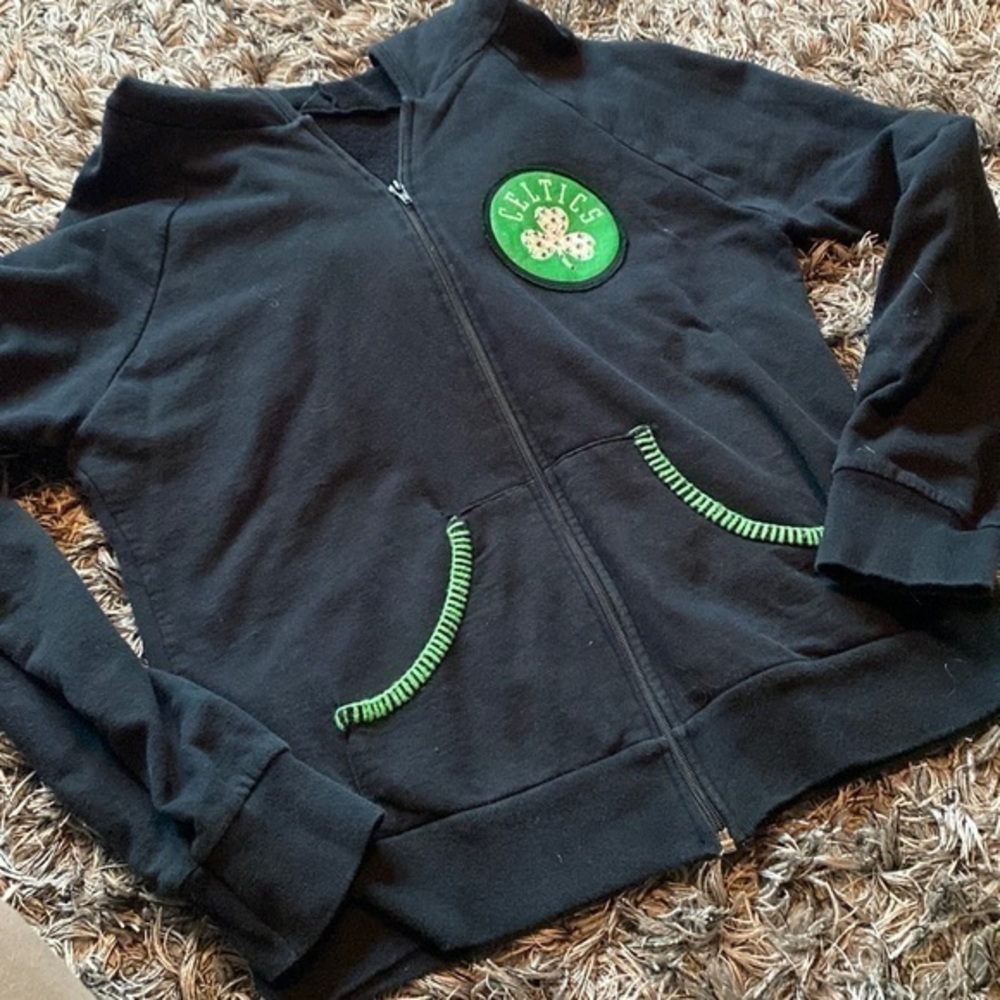 Womens vintage Celtics bling NBA zip hoodie with stitching design.